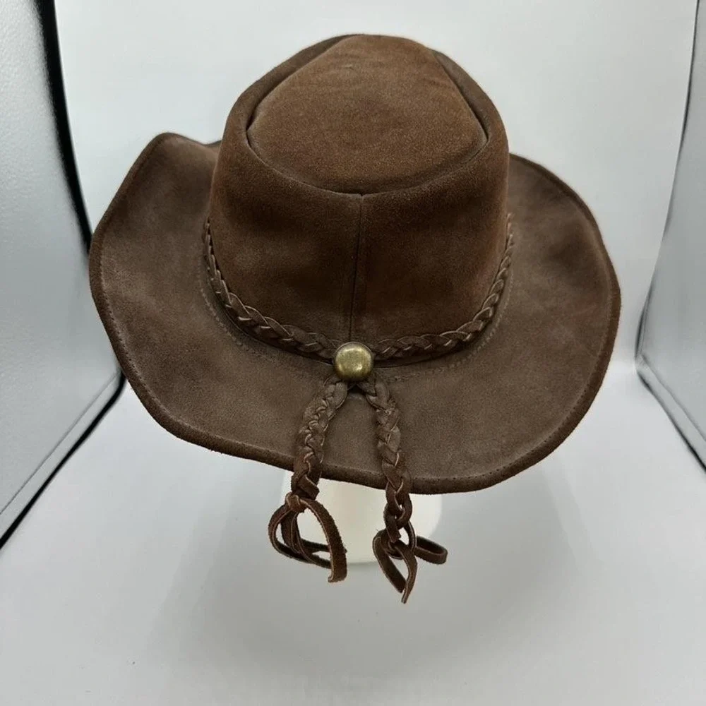 Genuine Leather Hat Cowboy Fitted Brown Suede Braid Band Concho Western Festival